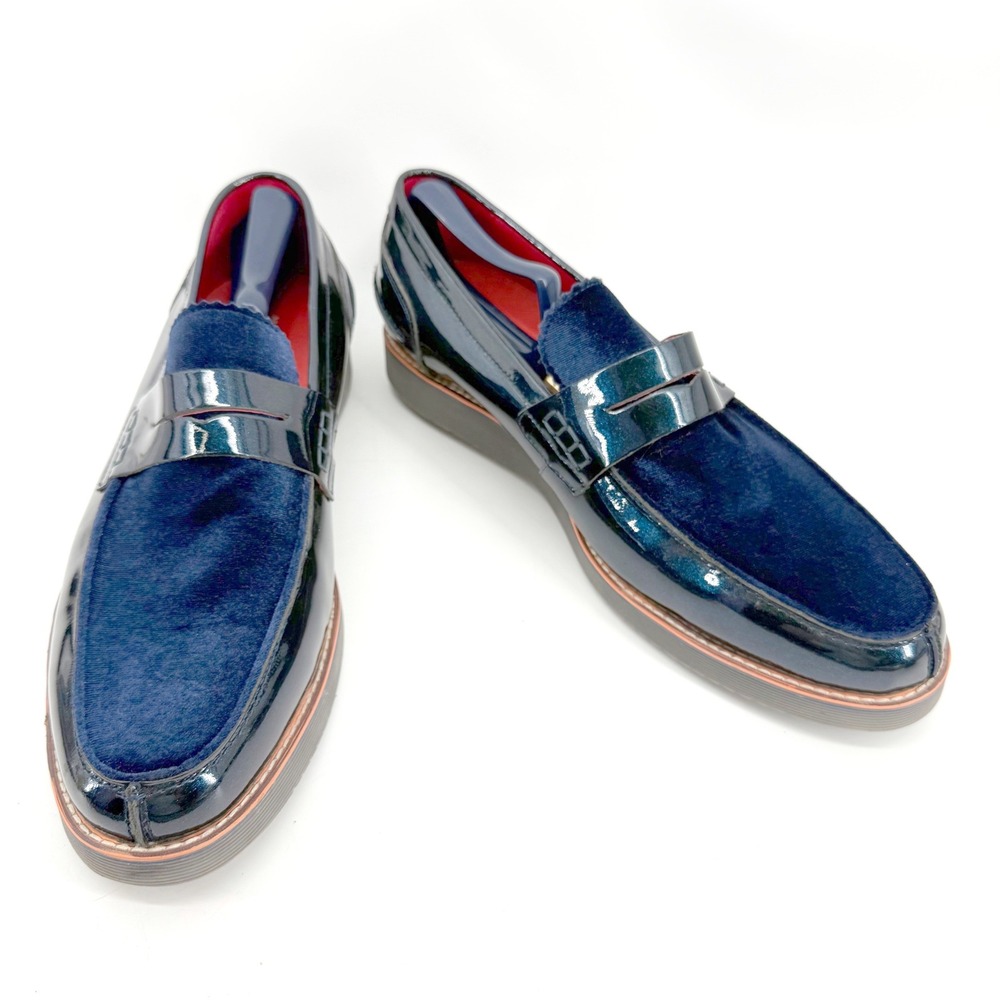 Marc Nolan Abe Penny Loafers Mens 12 Navy Blue Patent Leather Velvet Preppy